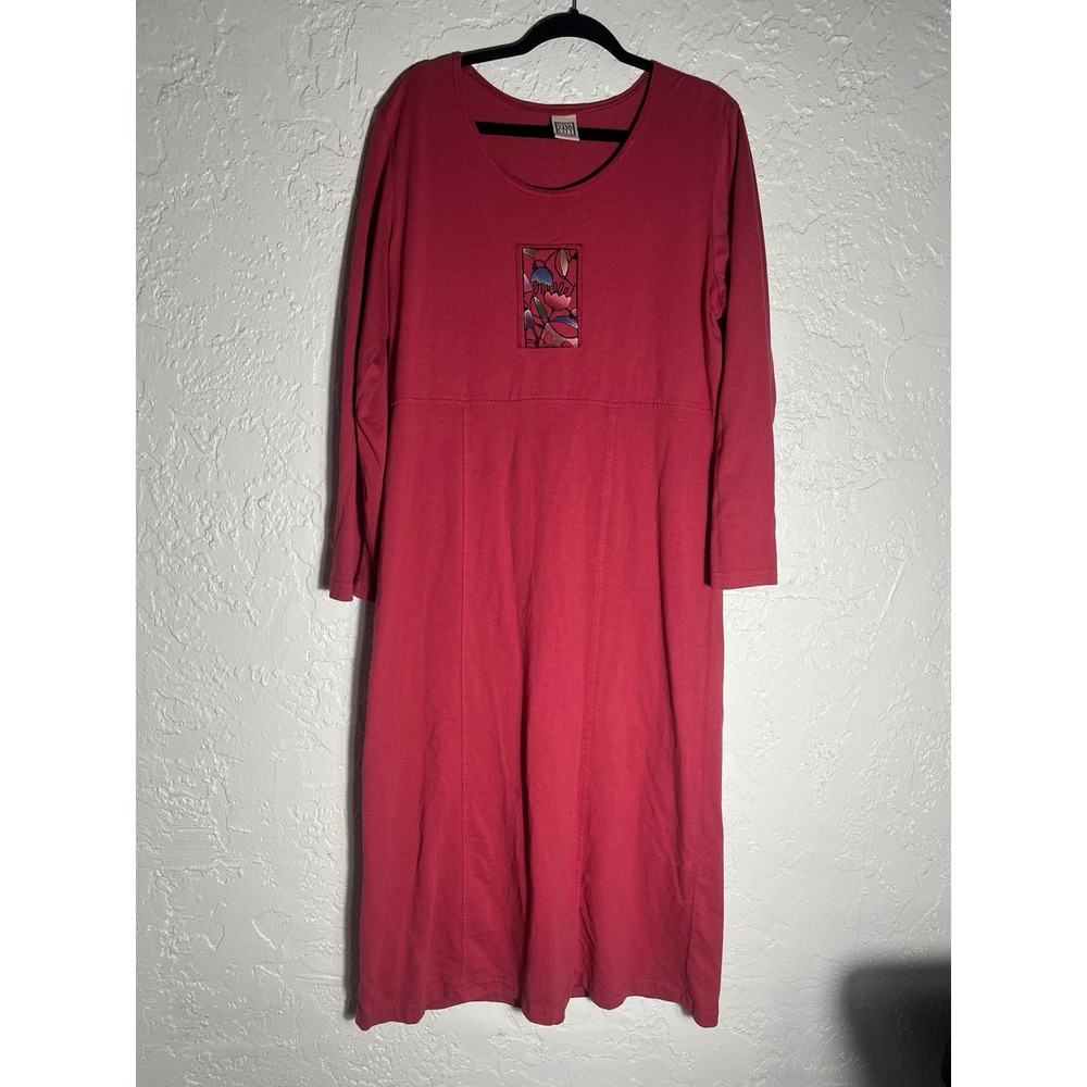 Vintage Viva City USA Red Cotton Maxi Dress Floral Applique XL Made in USA